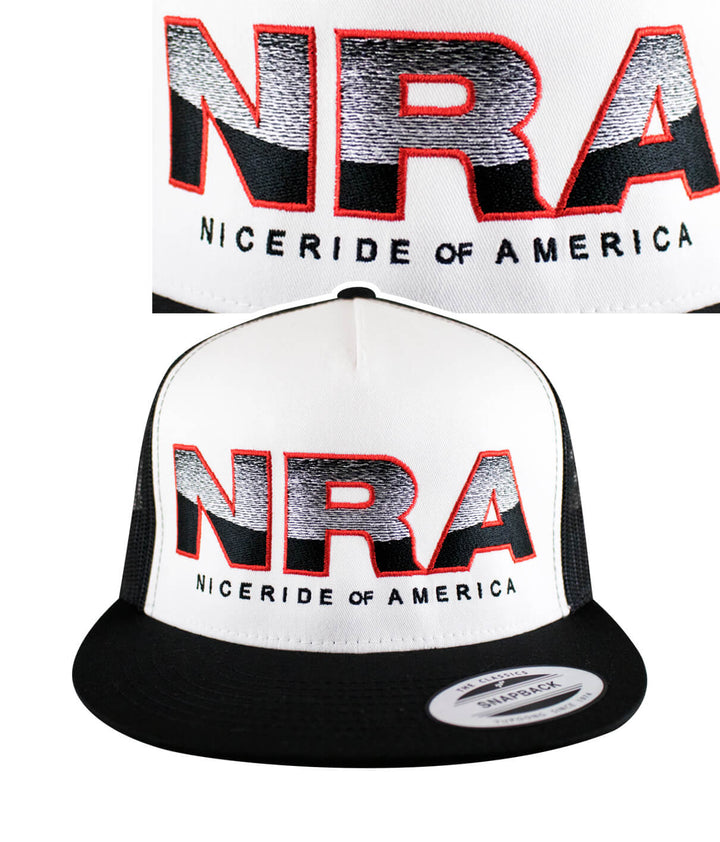 Conservative hat featuring embroidered NRA design and NICE RIDE of AMERICA text on classic snapback trucker style.