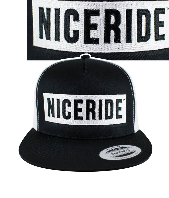 Unisex adjustable trucker hat with NICERIDE embroidered design, featuring a black front and white mesh back.