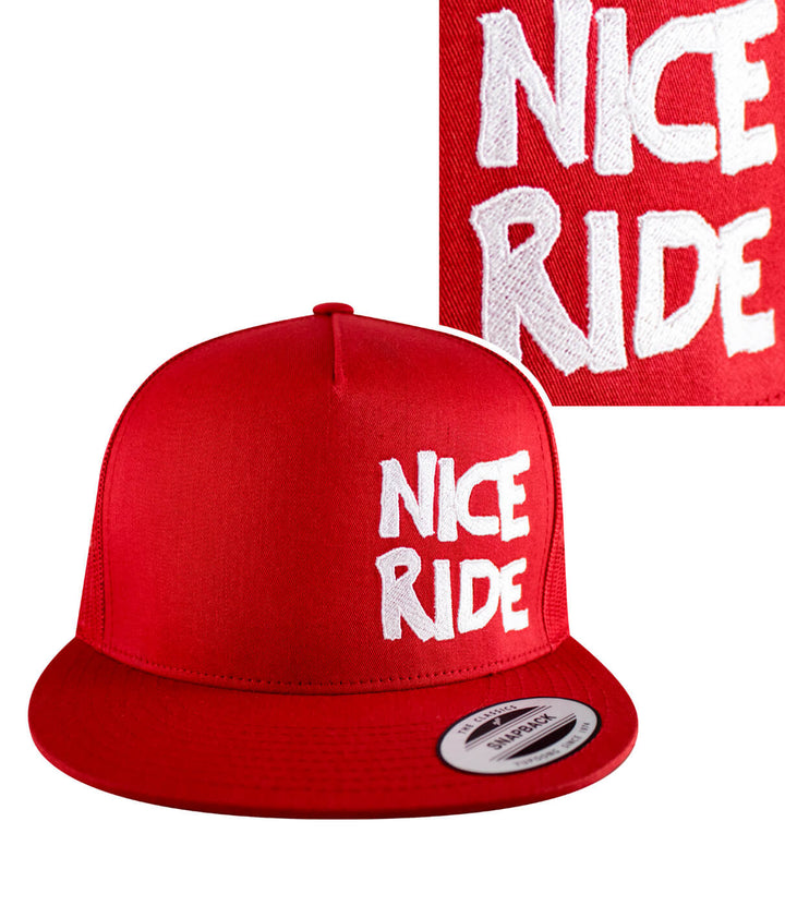 CR-Ride Trucker Hat featuring NICE RIDE embroidered design on a red snapback hat, focusing on the stylish hat.