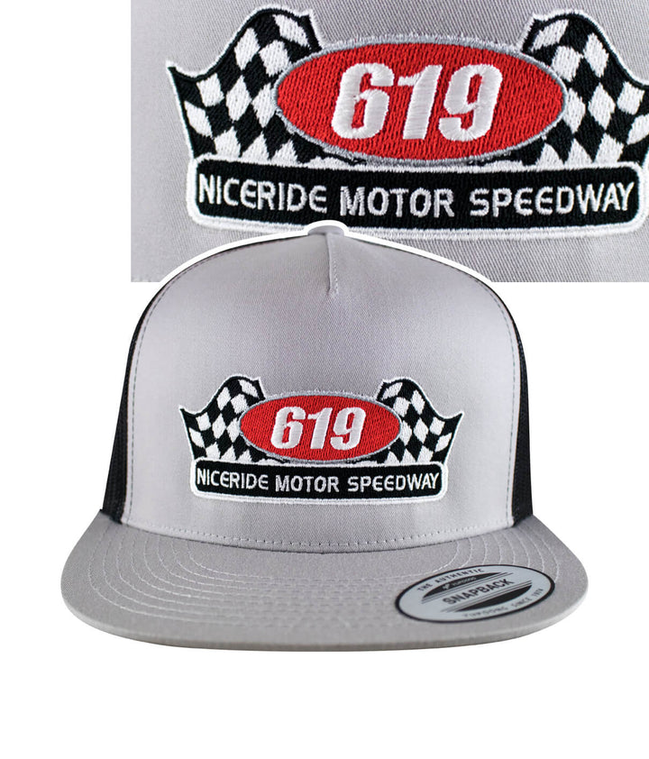619 Motor Speedway trucker hat with embroidered logo showcasing a racing theme.