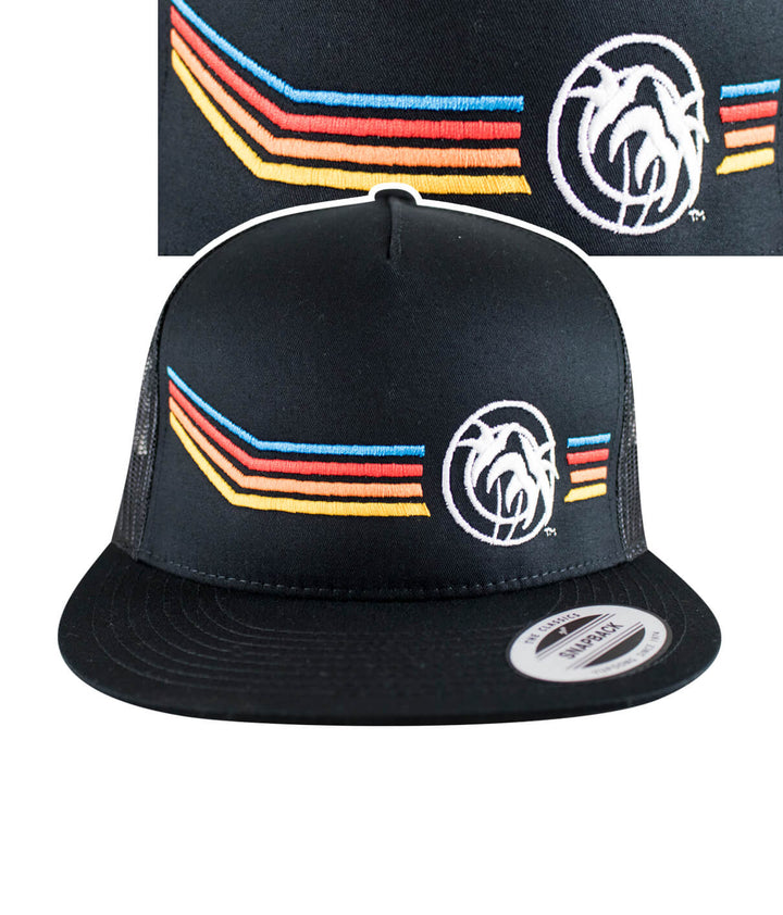 Aquarius hat featuring embroidered logo and colorful stripes on a classic snapback trucker design.