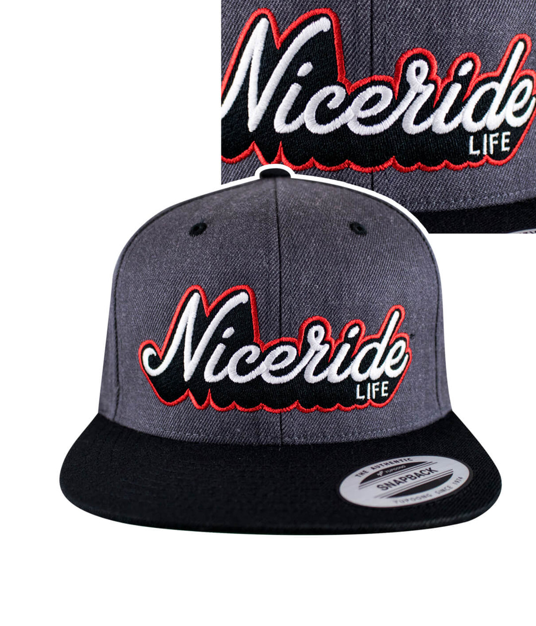 Half Pipe Flatbill Snapback Hat featuring NICERIDE embroidered design and Blacked Out Palm logo on back.