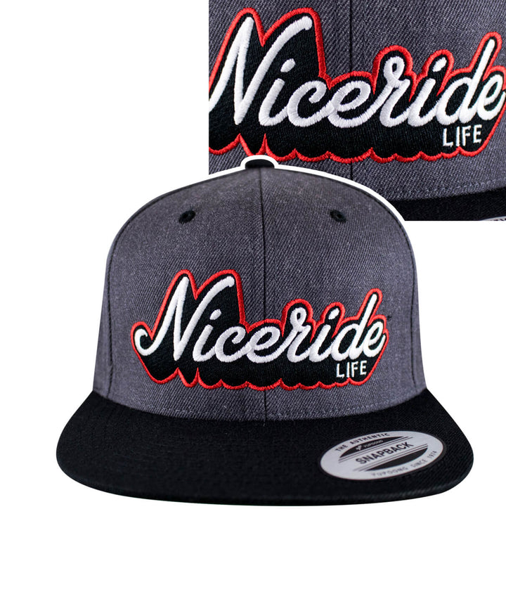 Half Pipe Flatbill Snapback Hat featuring NICERIDE embroidered design and Blacked Out Palm logo on back.