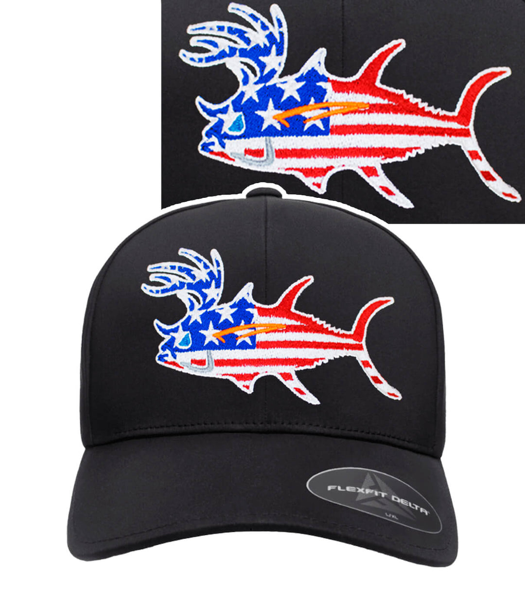 Buck-Eye Glory performance Flexfit hat featuring a patriotic fish design with red, white, and blue colors.