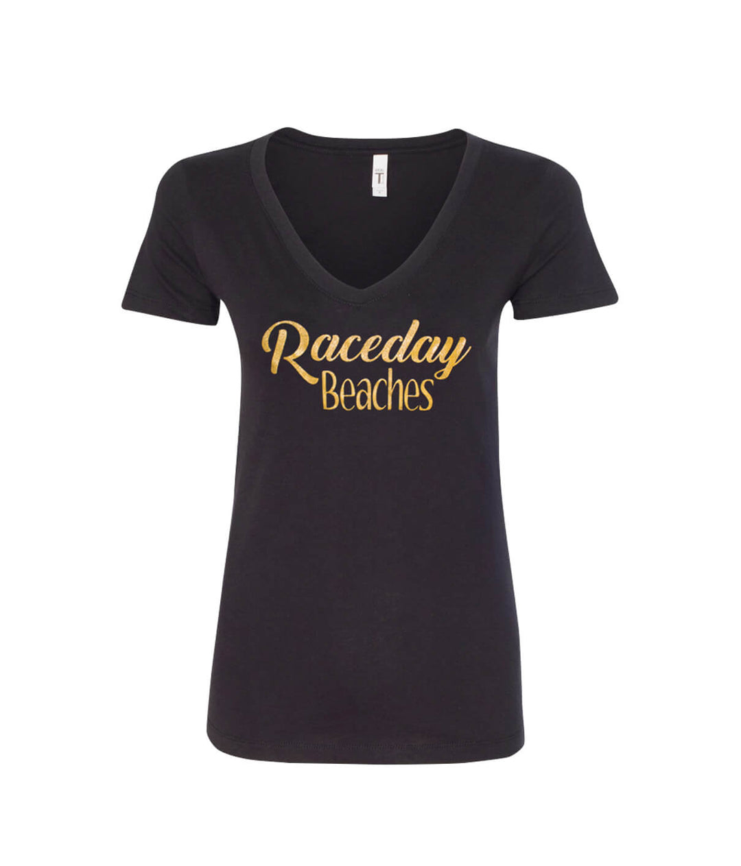 Raceday Beaches V-Neck shirt featuring a gold design, soft fabric, perfect for casual styling.