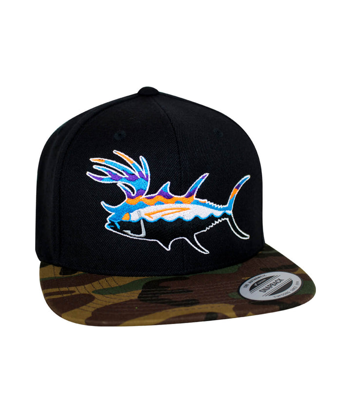Buck-Eye Explorer unisex black &amp; camo flatbill snapback hat with embroidered fish design, perfect fishing hat.