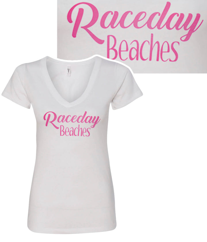 Raceday Beaches V-Neck shirt featuring a soft fabric and colorful printed design on the front.
