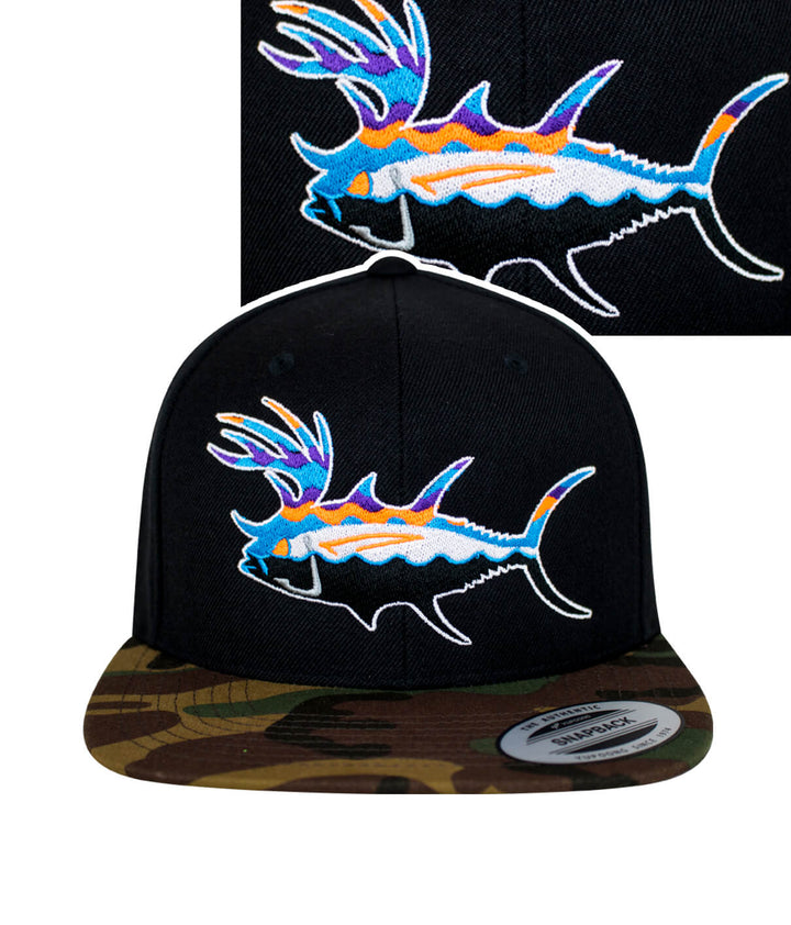 "Buck-Eye Explorer" unisex black and camo flatbill snapback hat featuring colorful fish embroidery.