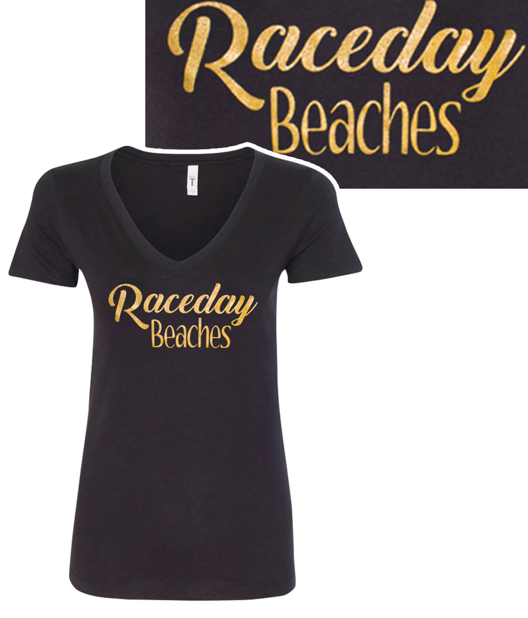 Raceday Beaches V-Neck shirt featuring gold print design on soft black fabric, suitable for casual wear.
