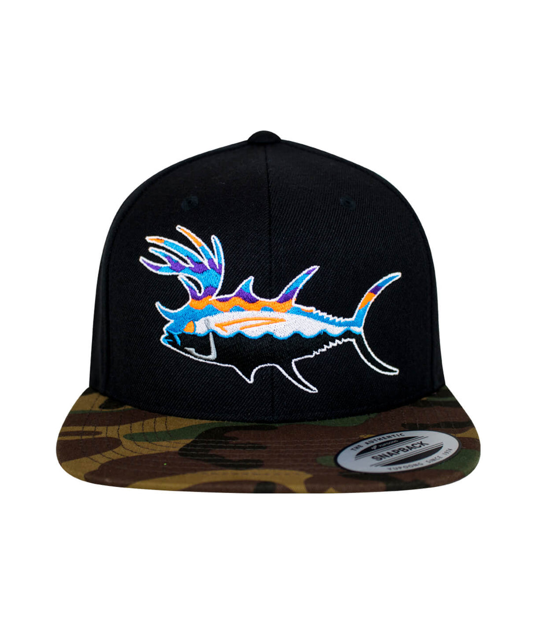 Buck-Eye Explorer unisex black and camo flatbill snapback hat with embroidered fish design and classic snapback style.