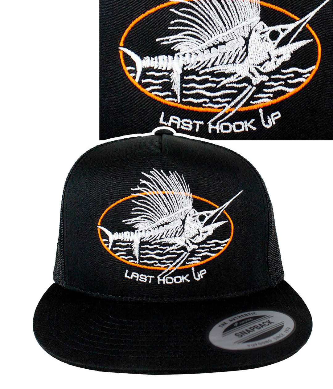 Last Hook Up trucker hat with embroidered marlin design and snapback style, perfect for fishing enthusiasts.