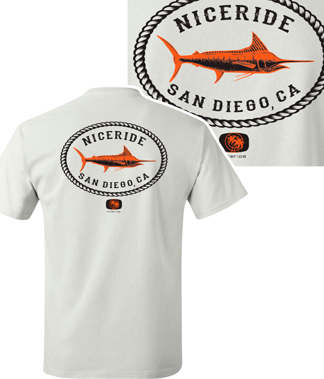 Reeling It In San Diego shirt with orange fish design on back, 100% cotton men's short sleeve t-shirt.