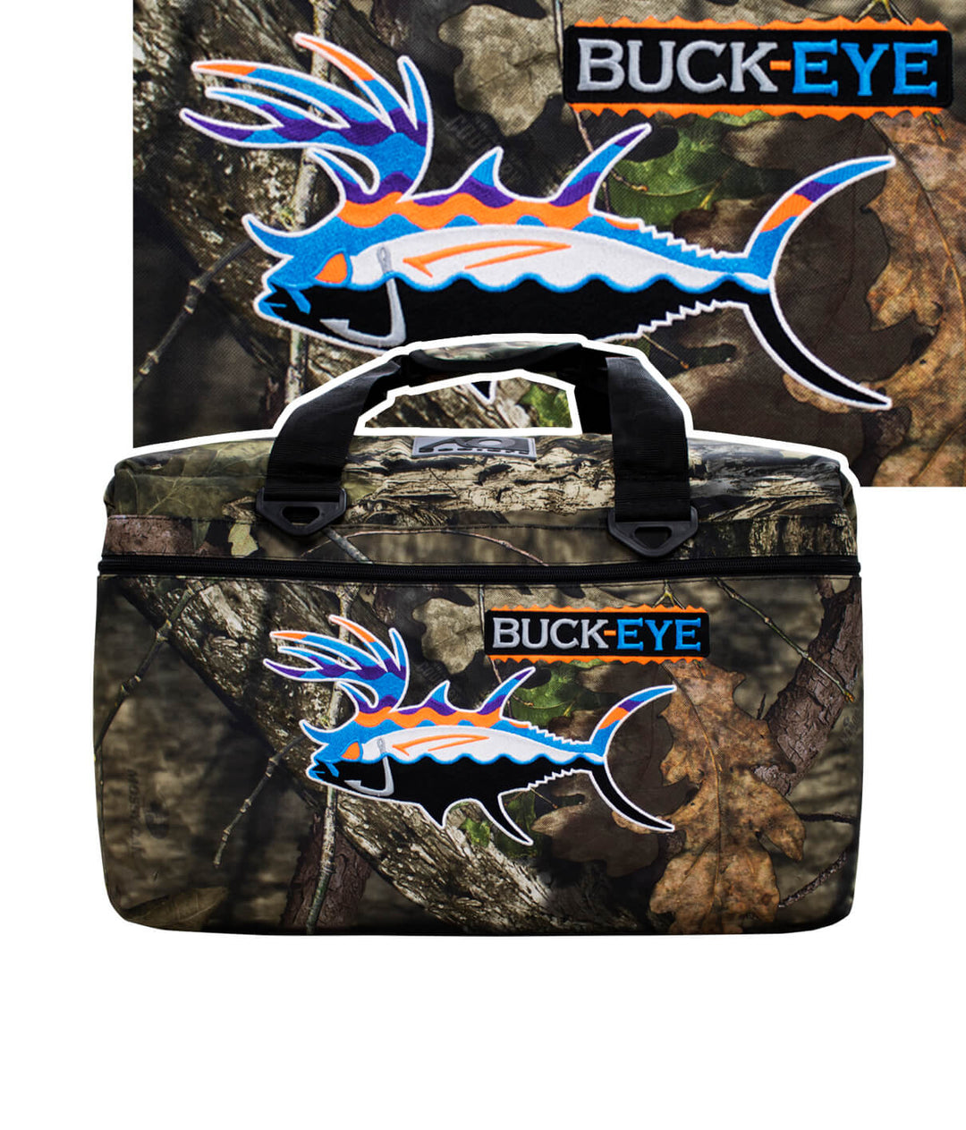 Black soft-sided cooler with Buck-Eye logo, featuring camo design for outdoor adventures.