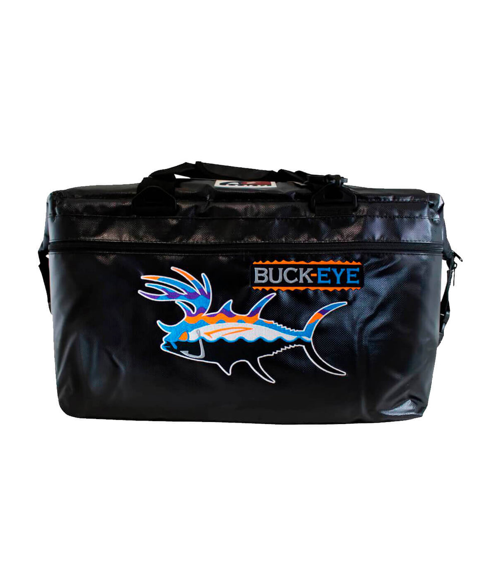 Black soft-sided cooler featuring Buck-Eye logo and colorful fish design, perfect for carrying 36 cans and ice.