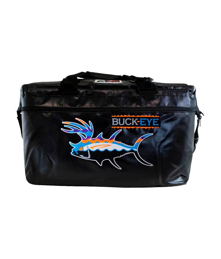 Black soft-sided cooler featuring Buck-Eye logo and colorful fish design, perfect for carrying 36 cans and ice.