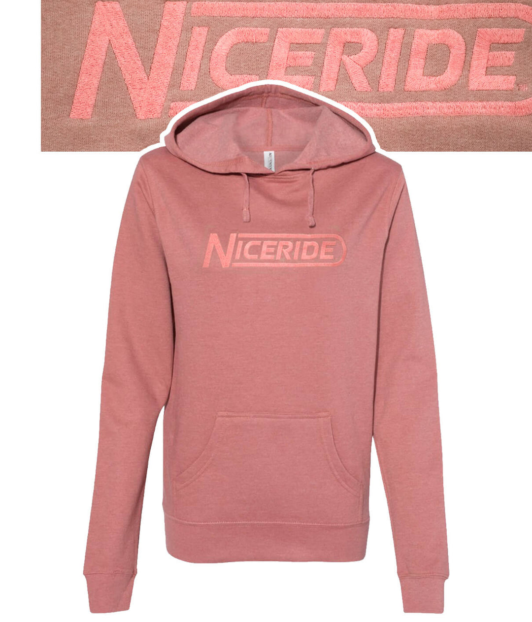 Dusty Rose women's hoodie from NICERIDE, lightweight fleece pullover with logo, perfect for casual wear and adventures.