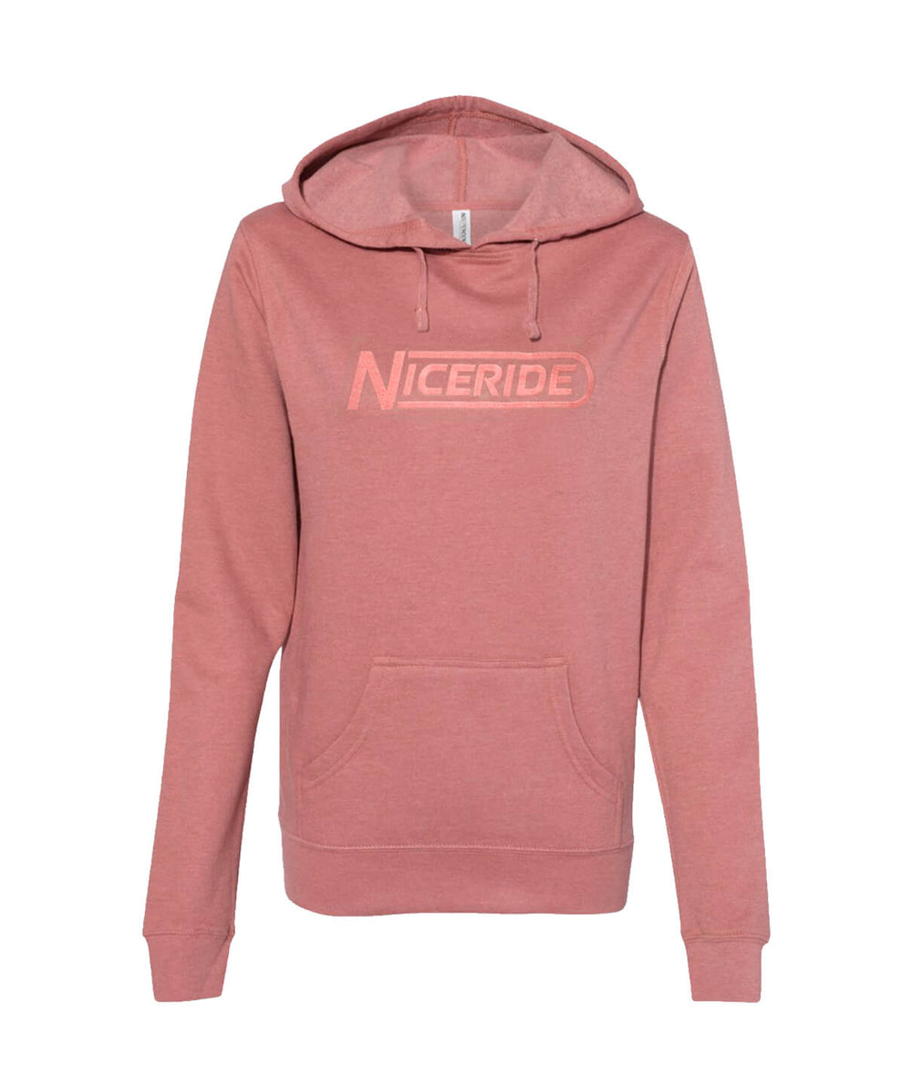 Dusty Rose women's hoodie with NICERIDE logo, lightweight fleece pullover for comfort, perfect for everyday wear.