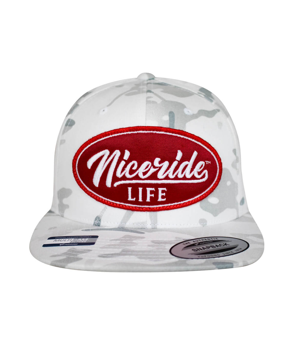 NICERIDE Life snapback hat with red logo on white camo design, adjustable fit for unisex style.