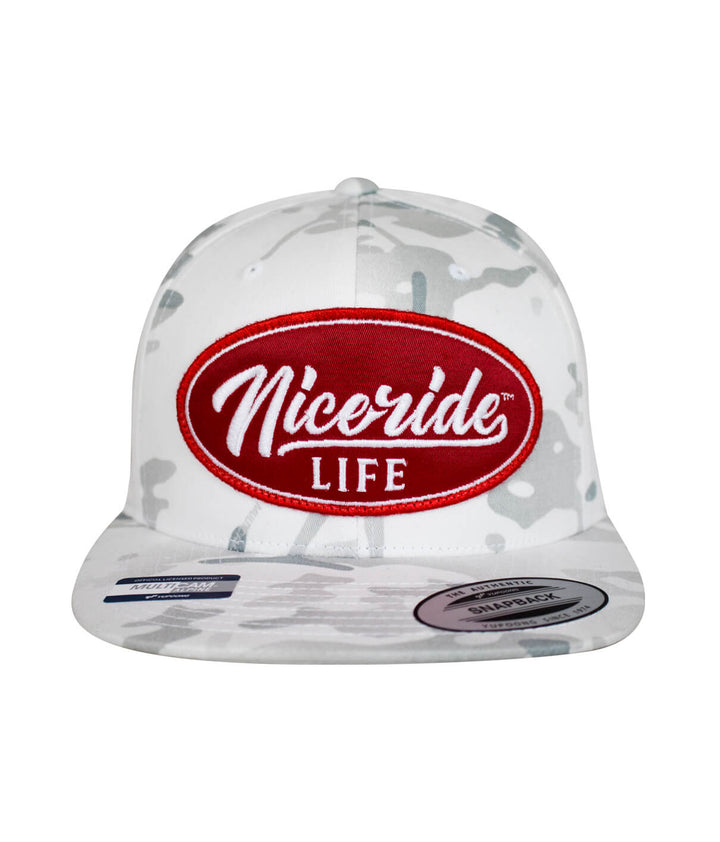 NICERIDE Life snapback hat with red logo on white camo design, adjustable fit for unisex style.