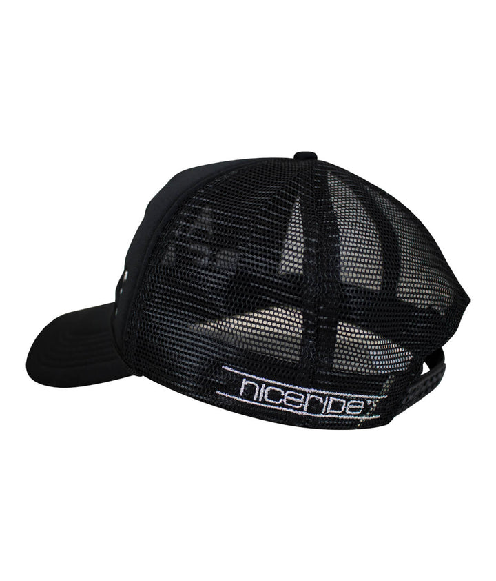 Back view of a foam trucker hat featuring NICERIDE embroidery, perfect for a stylish outdoor look. This hat is great for summer.