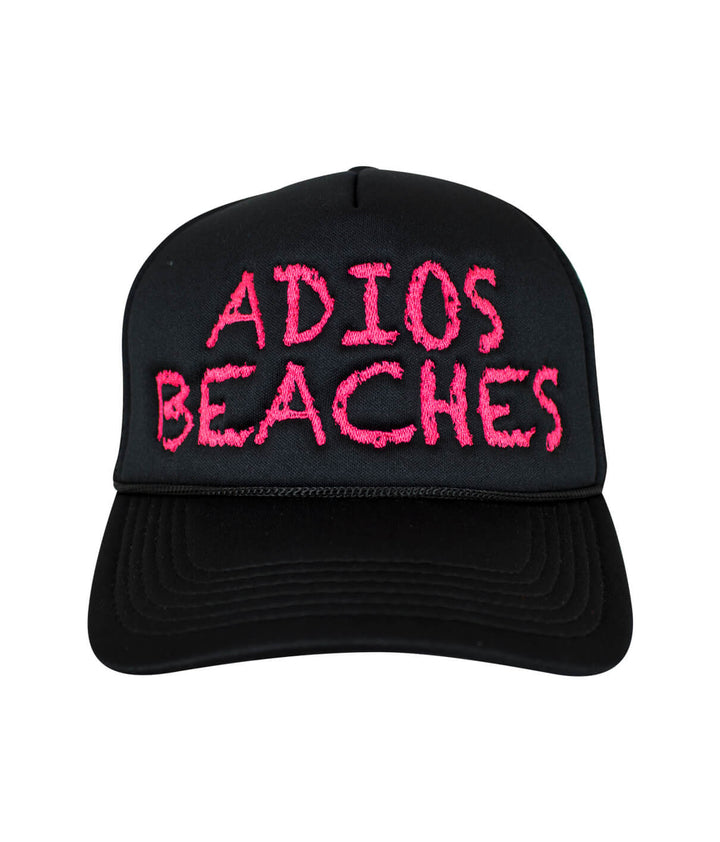 Adios Beaches foam trucker hat with vibrant pink embroidery on the front panel, perfect for beach lovers. Hat.