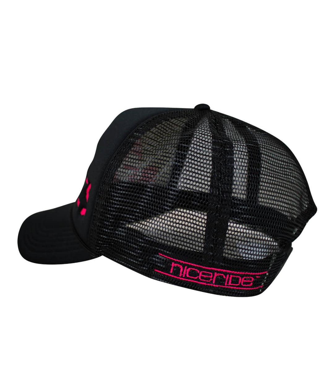 Black foam trucker hat with mesh back and NICERIDE embroidered logo, perfect for summer style.
