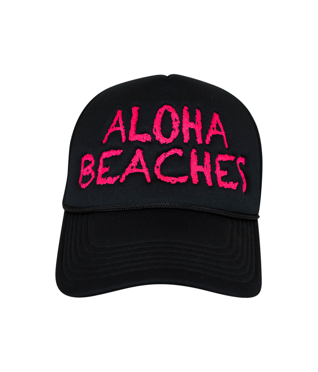 Aloha Beaches foam trucker hat featuring bold pink embroidery, perfect summer accessory for beach lovers. Hat.