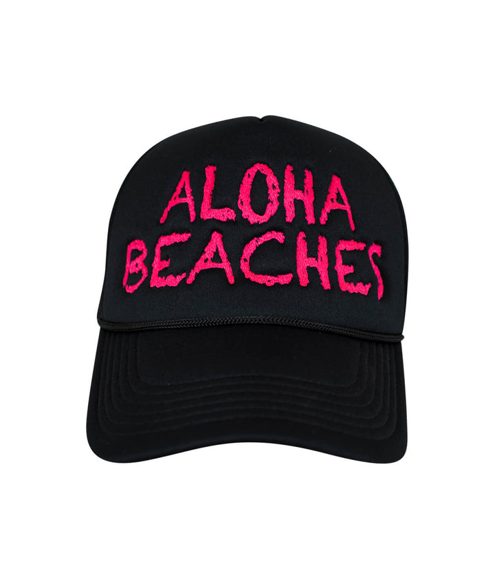 Aloha Beaches foam trucker hat featuring bold pink embroidery, perfect summer accessory for beach lovers. Hat.