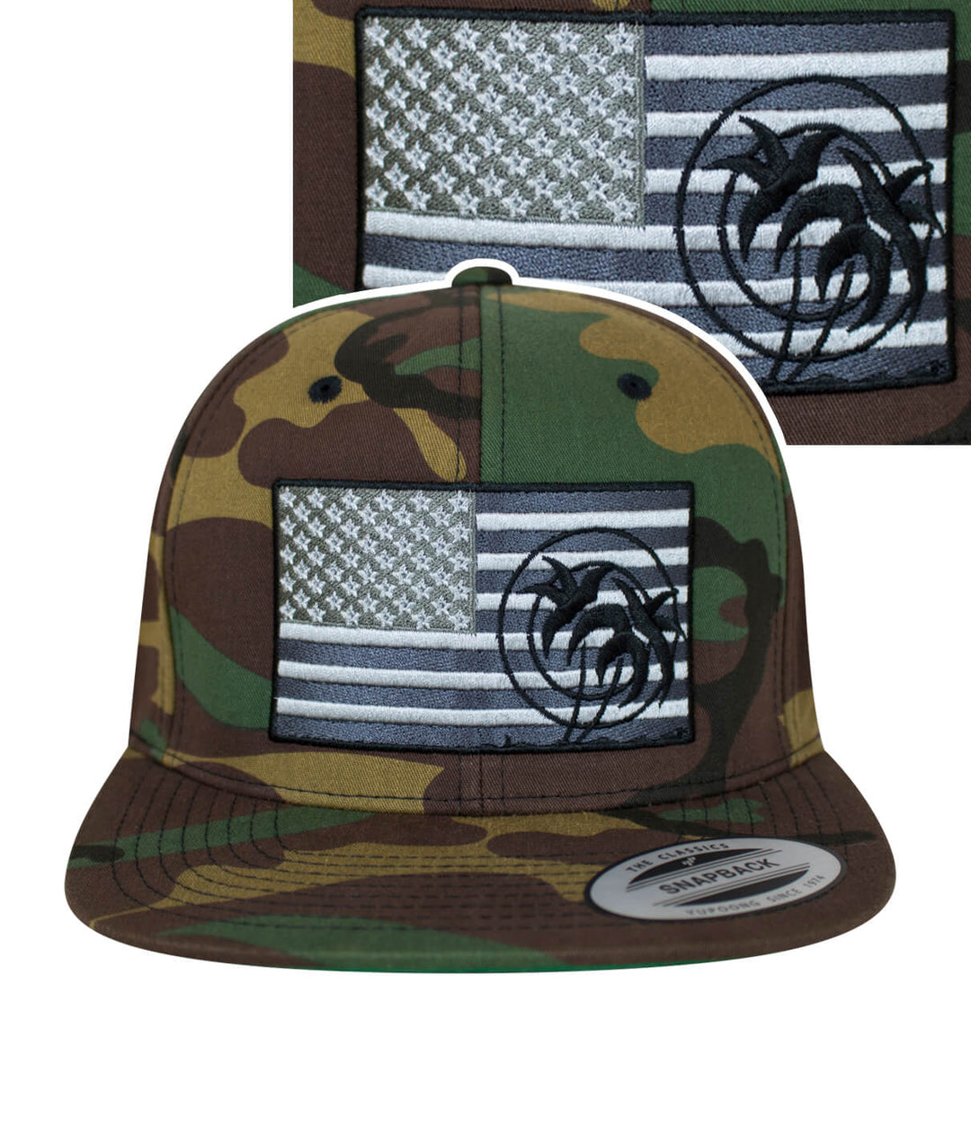 Strong Camo Snapback Hat featuring NICERIDE embroidery and American flag design on a classic snapback cap.