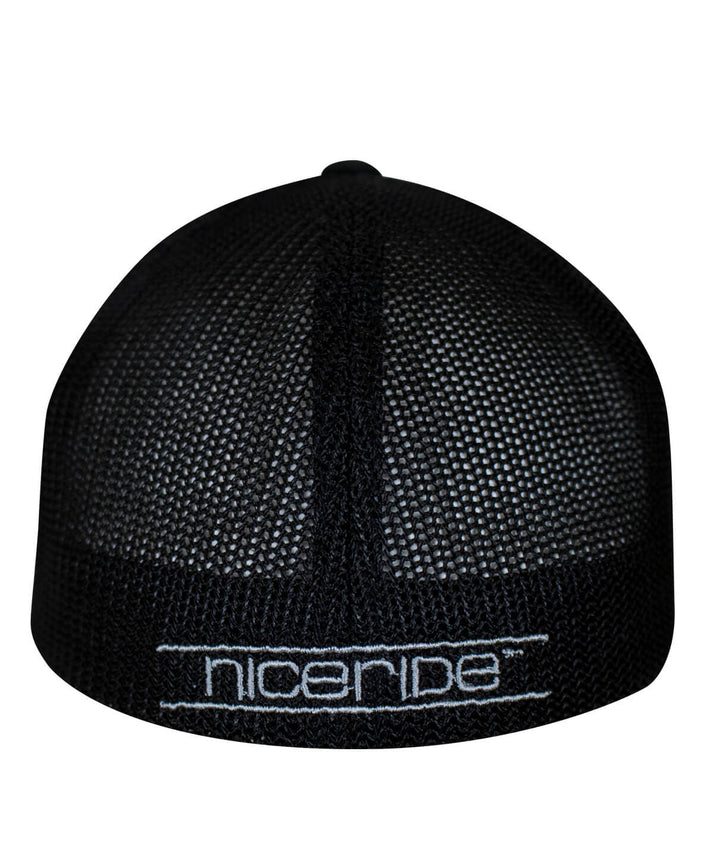 Back view of NICERIDE Strong Meshback Flexfit hat with mesh design and embroidery detailing on the rear.