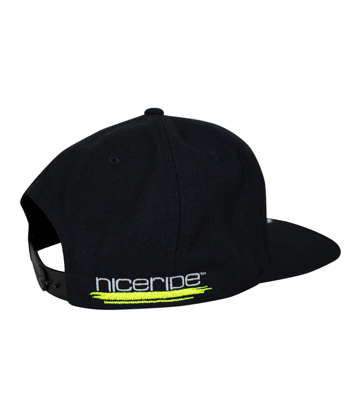 Black Snapback hat featuring NICERIDE logo and neon accents on the back side, perfect for stylish looks.