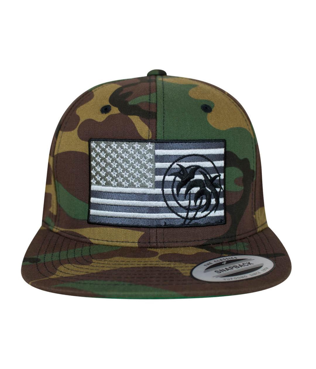 Camo snapback hat featuring a flag design and palm embroidery, perfect for outdoor activities and fashion, promoting the Hat.