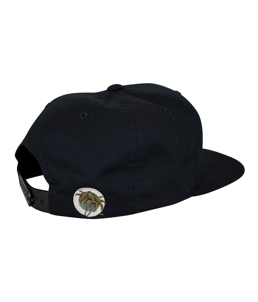 Strong Camo Youth Hat featuring black fabric and Classic Palm Logo embroidered on the back right side.