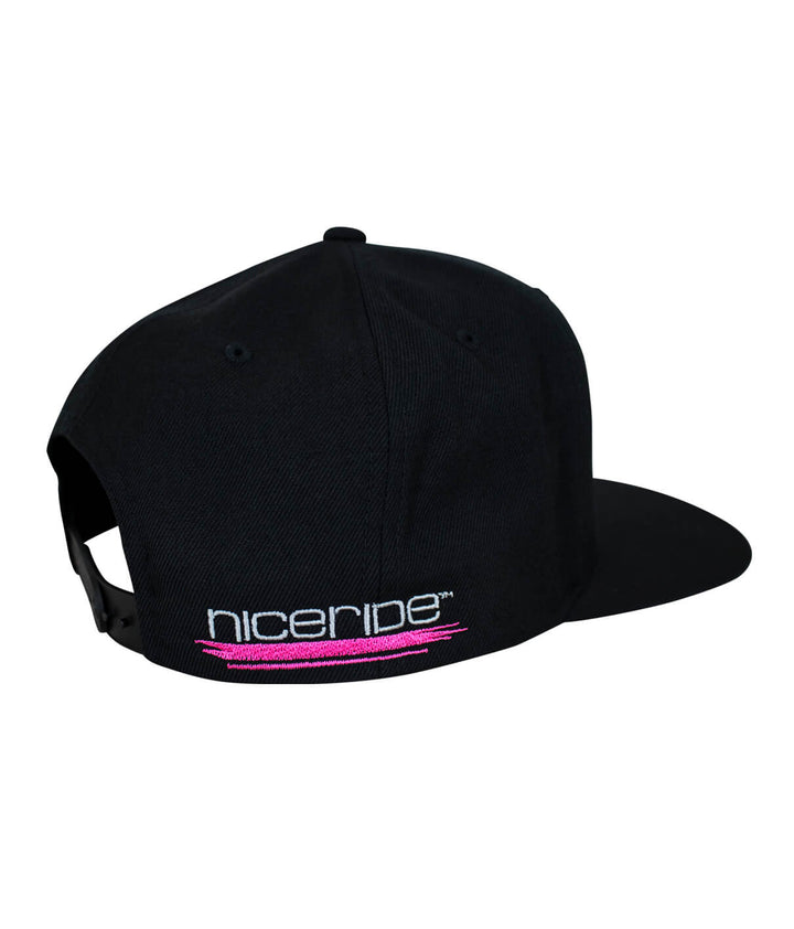 Black Snapback Hat featuring NICERIDE logo and neon accents on the back, perfect for any stylish hat collection.