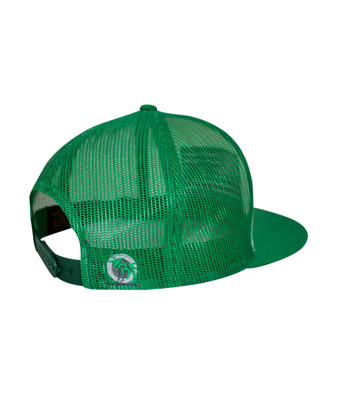 Back view of the Niceride Strong trucker hat with green mesh design and logo, showing classic snapback style.