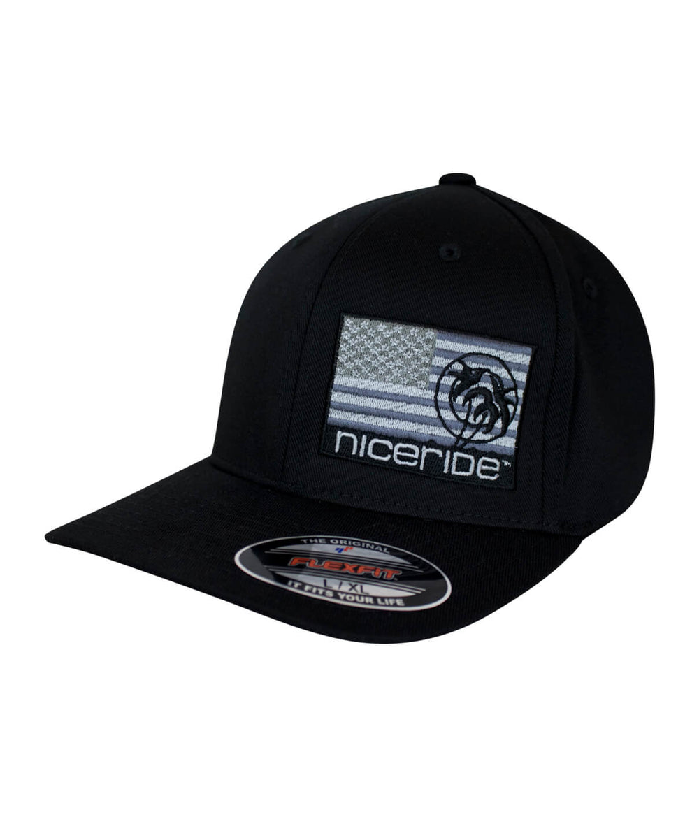 Strong - LP Classic Flexfit Hat with American flag, NICERIDE logo, and black palm leaves.