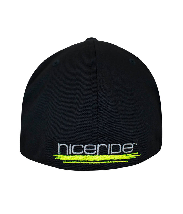 Back view of a black NICERIDE hat featuring neon accents and embroidery.