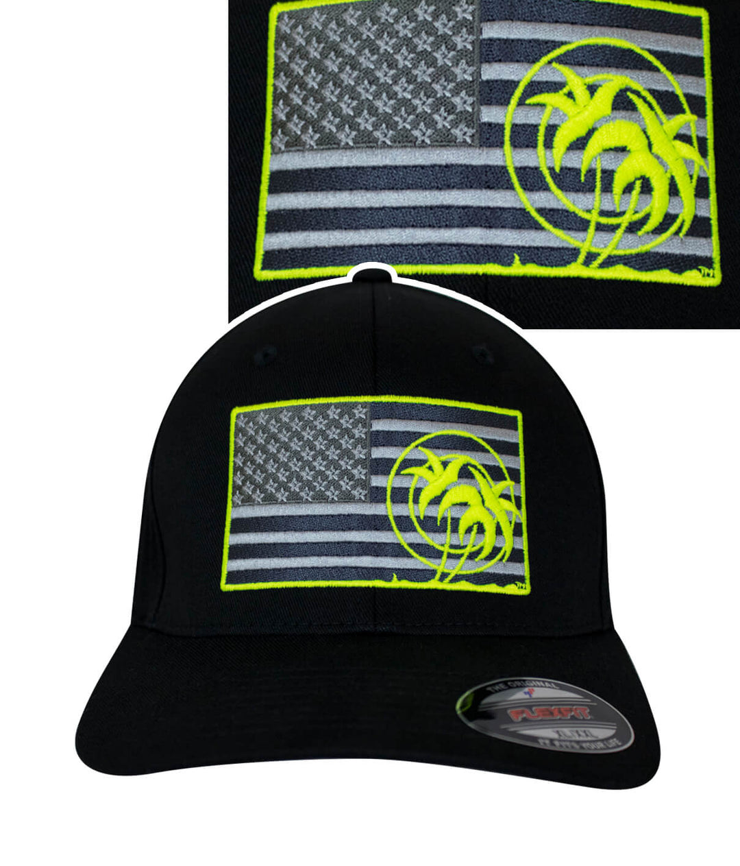 Strong - Neon Classic Flexfit Hat featuring American flag design and palm tree embroidery with neon accents.