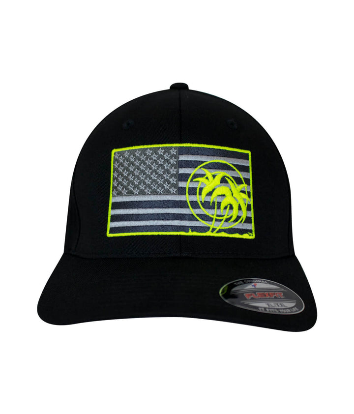 Strong - Neon Classic Flexfit Hat with American flag and neon accents. Perfect hat for stylish comfort.