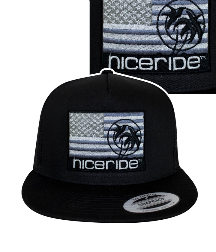 Niceride Strong hat featuring American flag design and logo, classic snapback trucker hat.