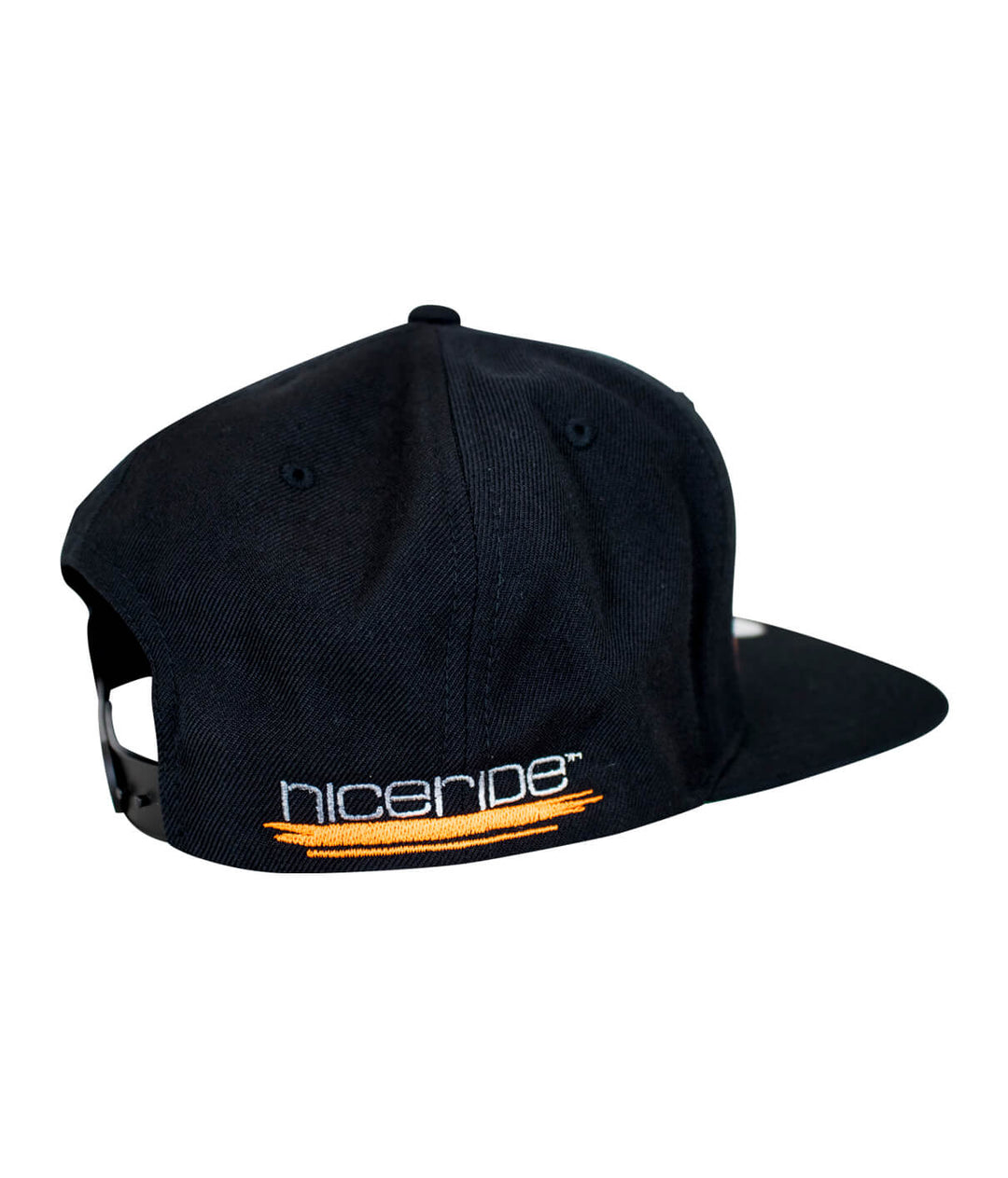 Black snapback hat with NICERIDE embroidery and neon accents, showcasing the back design.