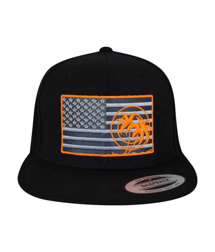 Black snapback hat with American flag design and neon accents, featuring the word &
