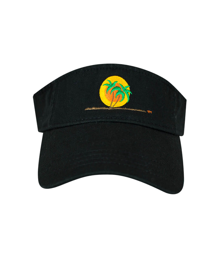 Classic Palm visor featuring embroidered palm trees and sun design on a black background.
