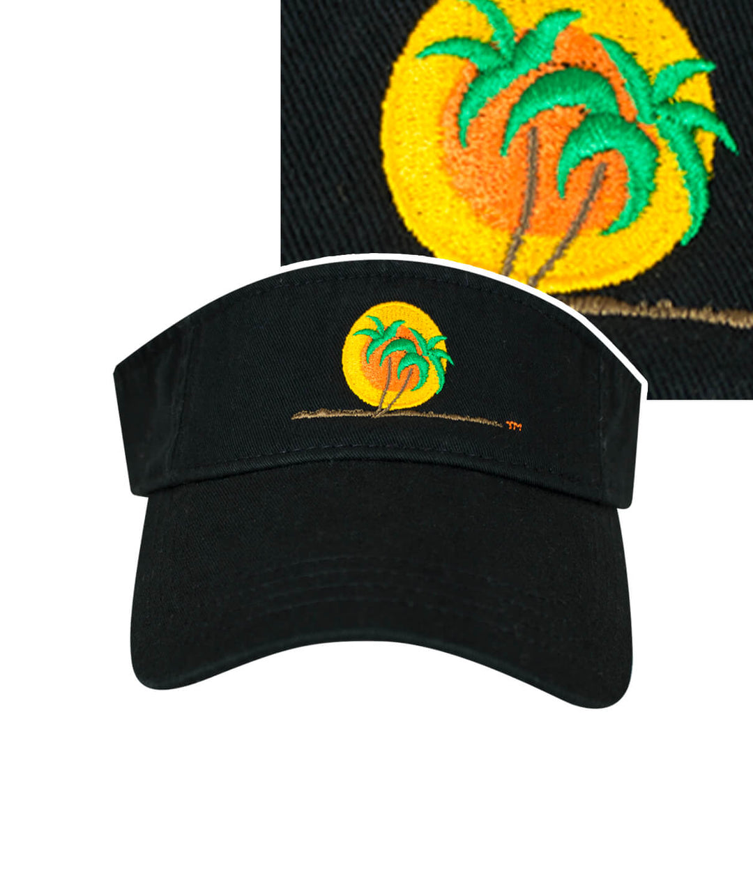 Classic Palm visor with embroidered logo featuring palm trees and sun, made of cotton twill.