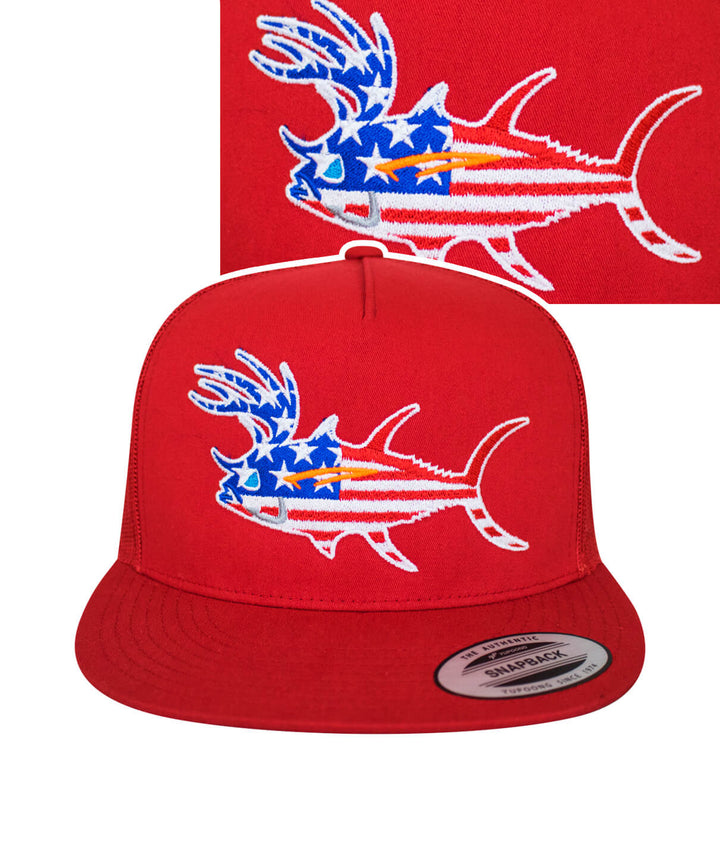 Red snapback hat featuring a fish design with an American flag pattern, perfect for fishing enthusiasts.