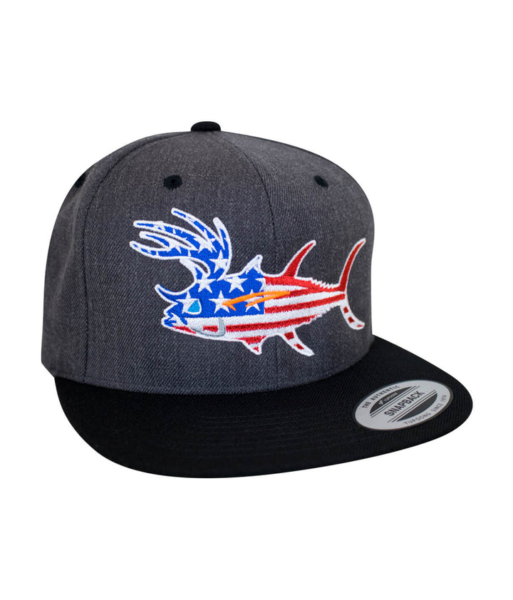 Buck-Eye Glory unisex flatbill snapback hat featuring an embroidered fish design with American flag colors.