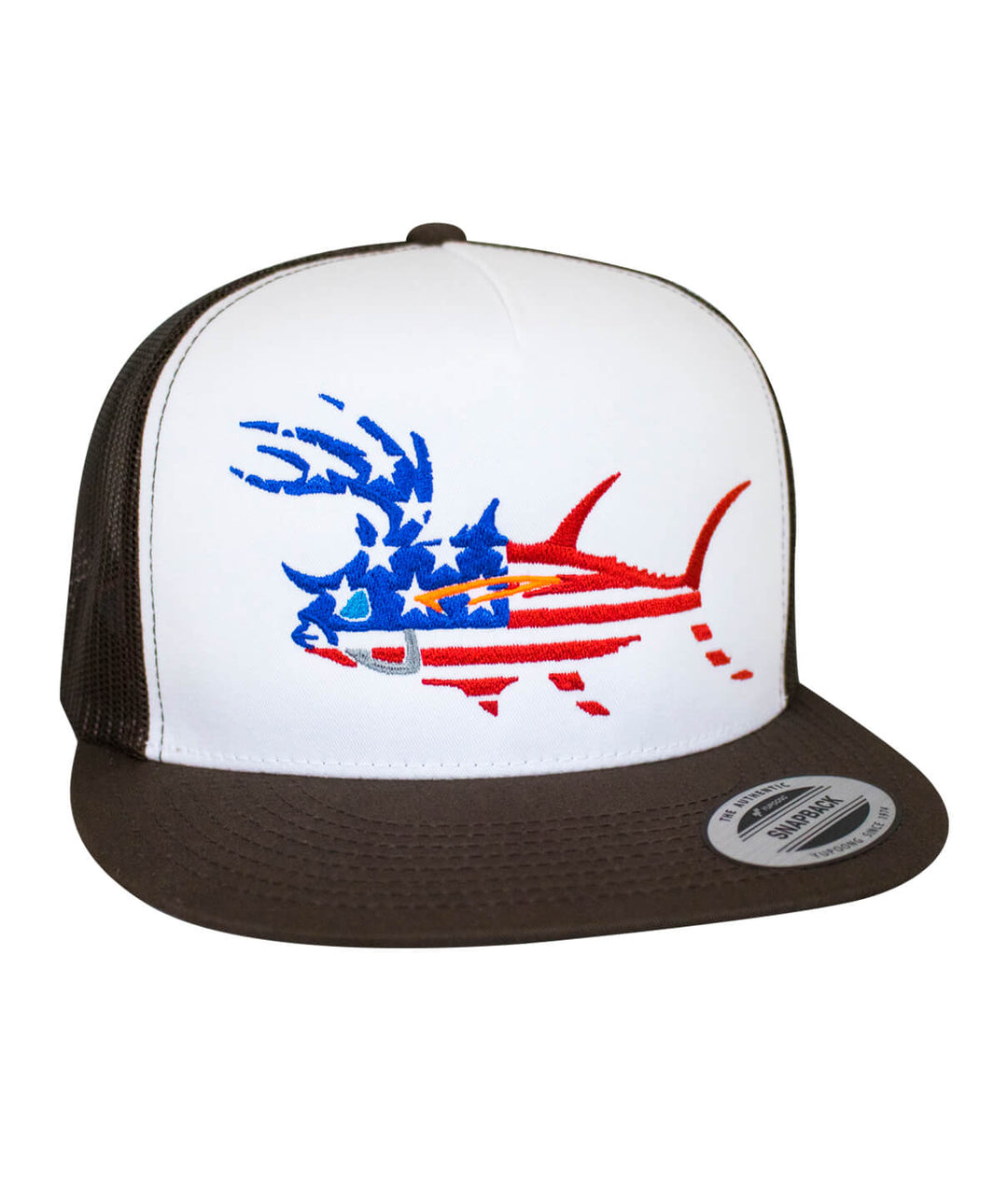 "Buck-Eye Glory" unisex snapback trucker hat featuring an American flag design, perfect for fishing and casual wear.