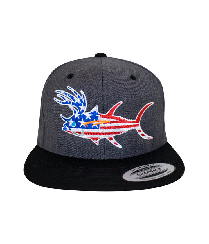 "Buck-Eye Glory" hat featuring an embroidered fishing design in patriotic colors on a flatbill snapback cap.
