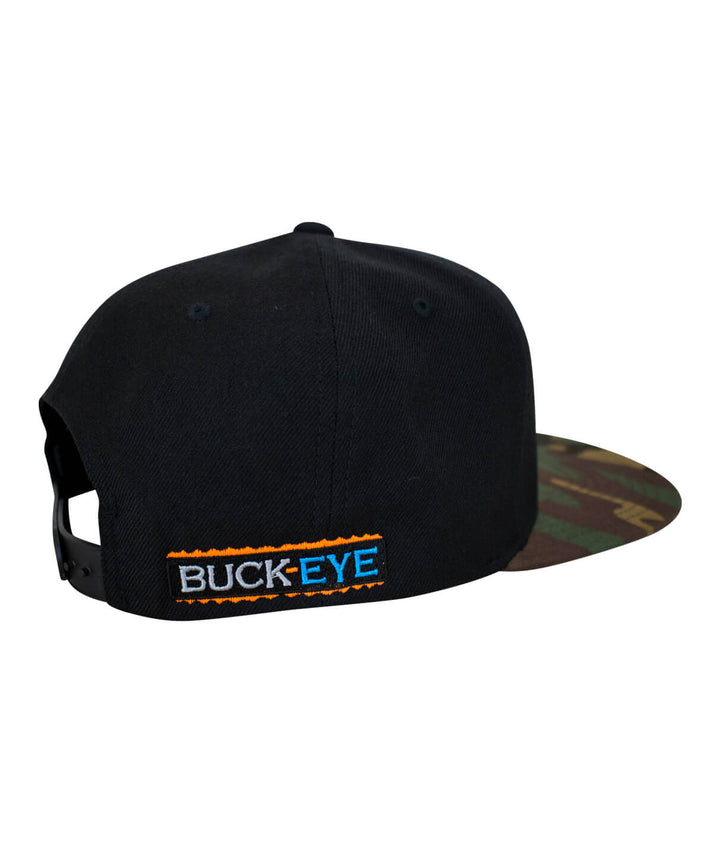 Back view of the "Buck-Eye Glory" unisex flatbill snapback hat featuring the BUCK-EYE logo and camo design brim.