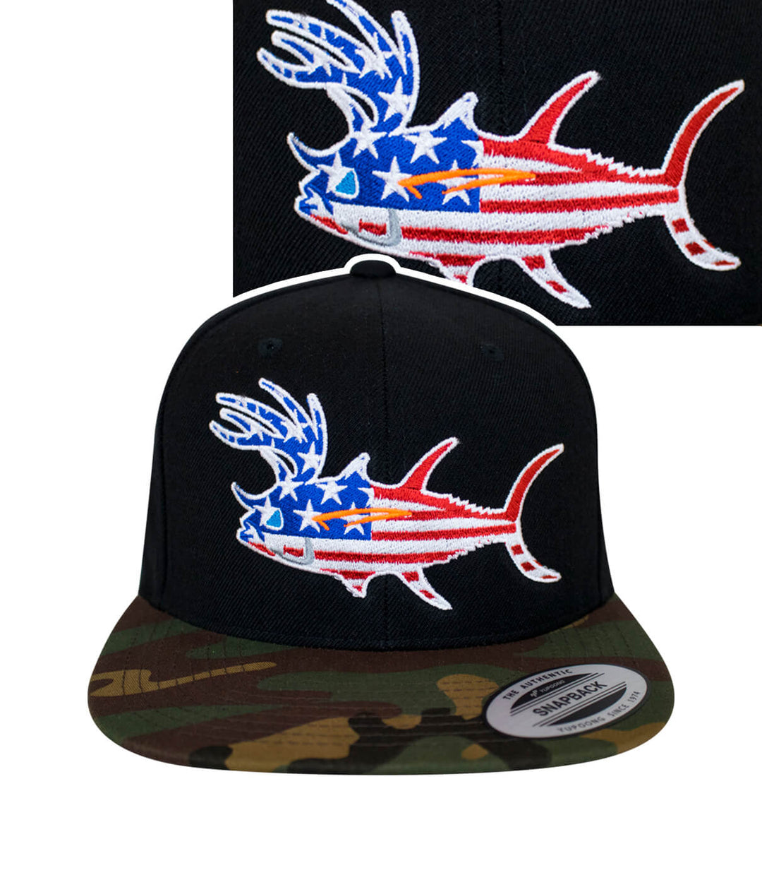 A black and camouflage cap with a red, white and blue fish embroidered on it.